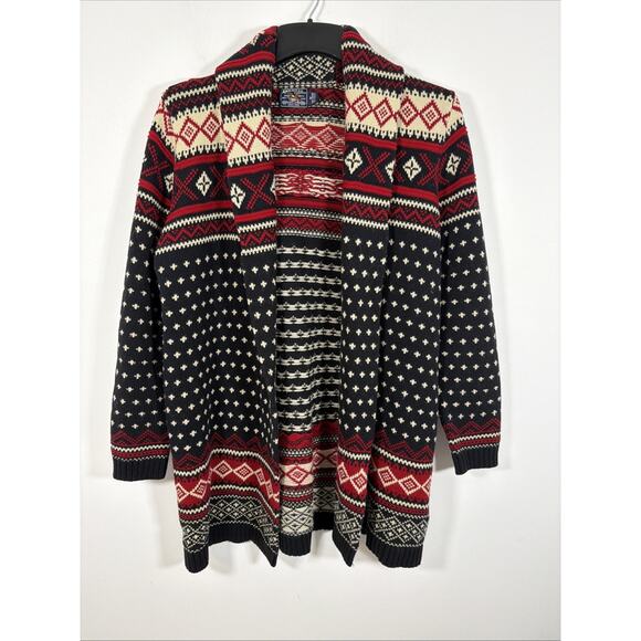 Vintage American Living Fair Isle Open Front Cardigan Sweater Medium Red Black - Picture 8 of 8